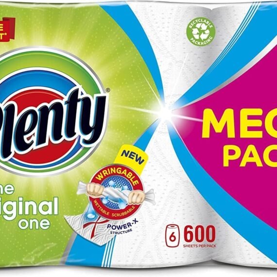PLENTY Kitchen Towel, 6 White Rolls, 600 Sheets of Kitchen Roll, 2-Ply Tissue