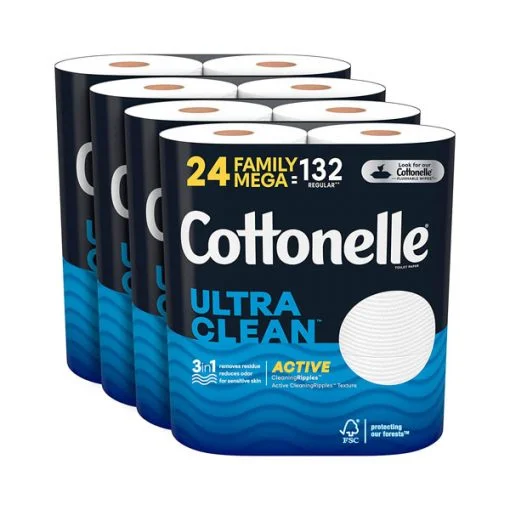 【2024 Flash Sale + Free Shipping】Cottonelle 24 Family Mega Rolls Ultra Clean Toilet Paper with Active CleaningRipples Texture (24 Family Mega Rolls = 132 Regular Rolls,388 Sheets per Roll)-toilet paper